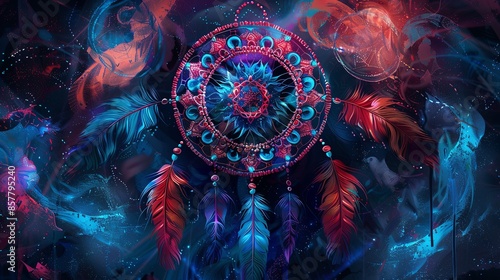 Dream catcher with feathers and beads. Boho style. 3d rendering