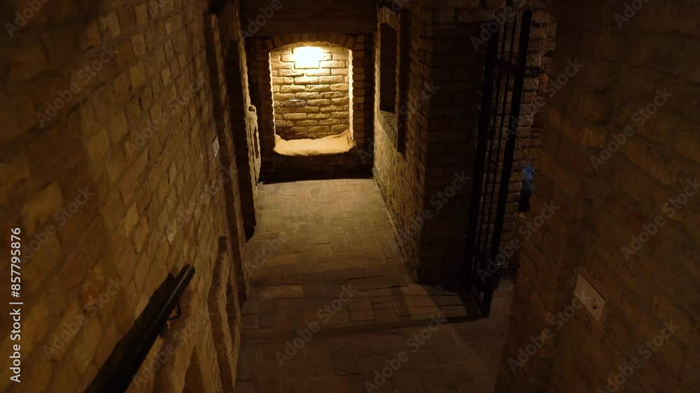 Dimly lit brick wine cellar corridor with an arched alcove and soft lighting Dimly lit brick wine cellar corridor with an arched alcove and soft lighting