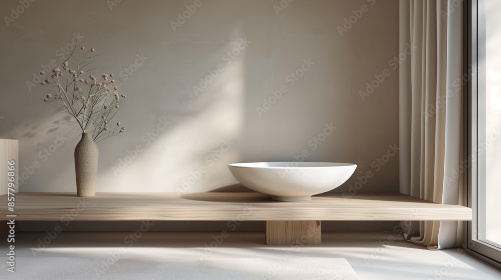 A minimalist living room with a luxurious touch, featuring a single, large white ceramic bowl on a low-profile wooden table A minimalist living room with a luxurious touch, featuring a single, large white ceramic bowl on a low-profile wooden table