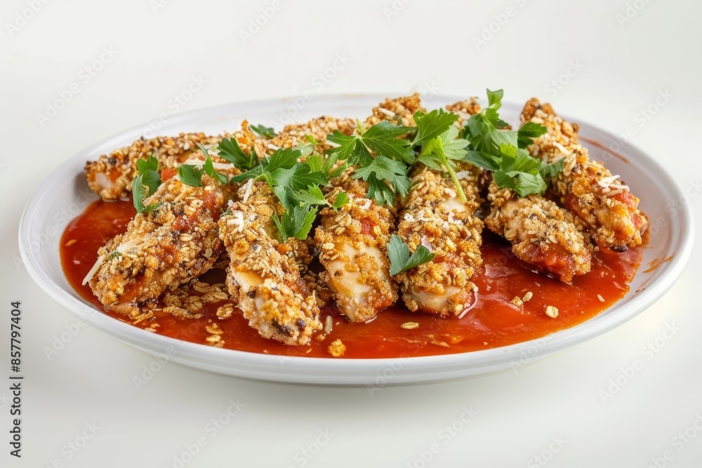 Flavorful Cereal Crusted Chicken Fingers in Tangy Marinara Flavorful Cereal Crusted Chicken Fingers in Tangy Marinara