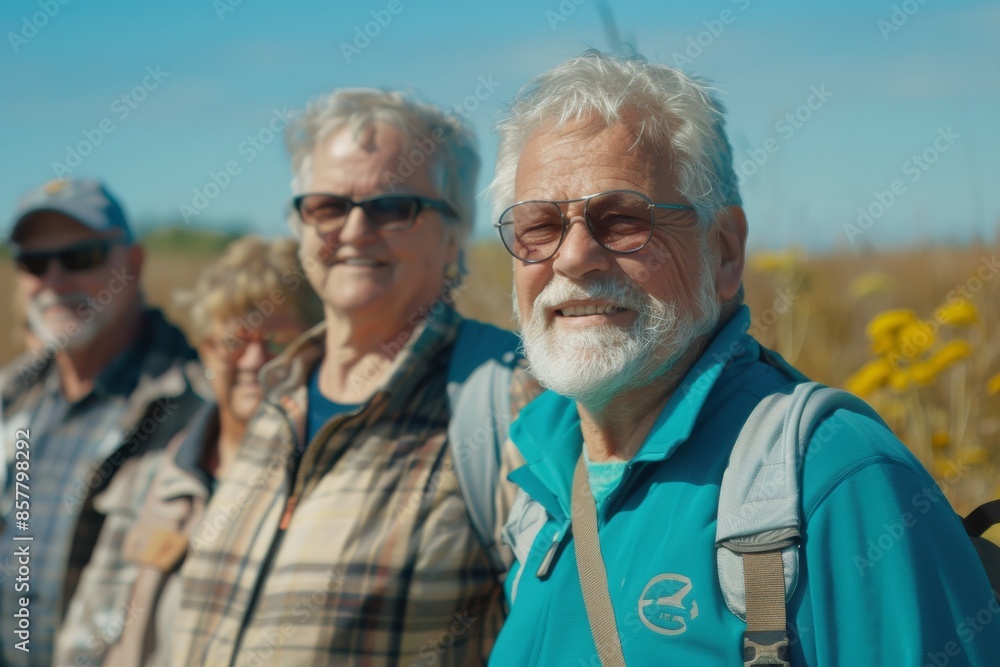 group of senior people with backpacks hiking on country road in summer group of senior people with backpacks hiking on country road in summer