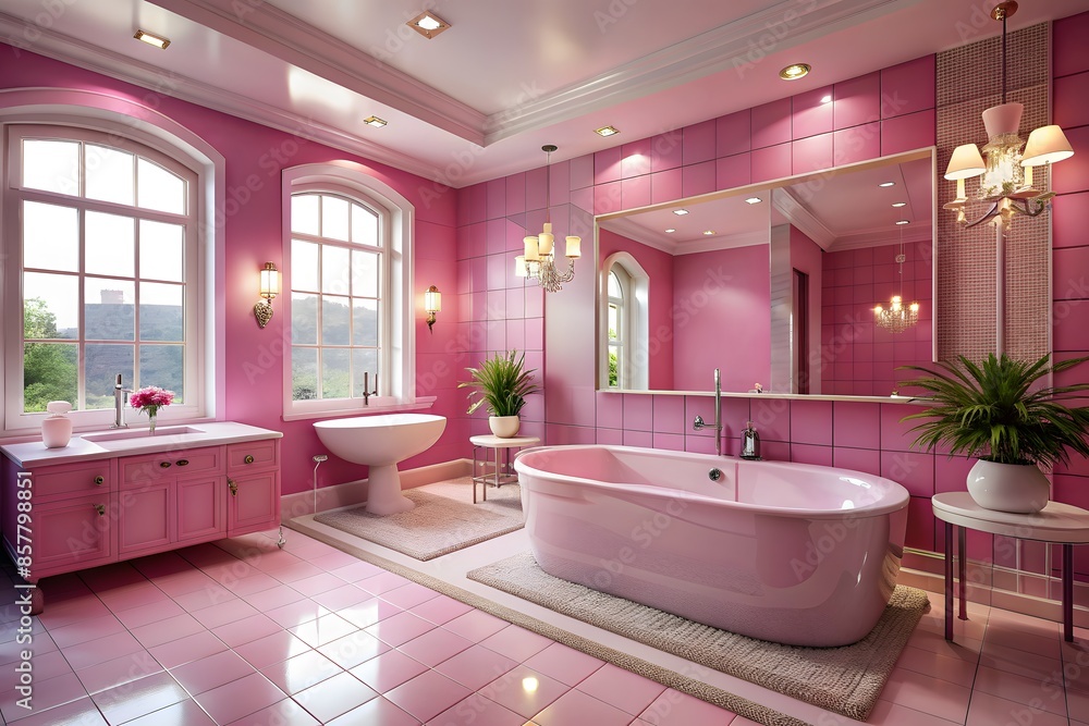 30 words or 130 characters for adobe stock title related to the image reference:..pink bathroom with freestanding bathtub, double vanity, and large windows. 30 words or 130 characters for adobe stock title related to the image reference:..pink bathroom with freestanding bathtub, double vanity, and large windows.