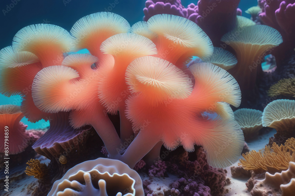 Vibrant coral polyps in deep blue ocean, pale toned, surreal scene. Vibrant coral polyps in deep blue ocean, pale toned, surreal scene.