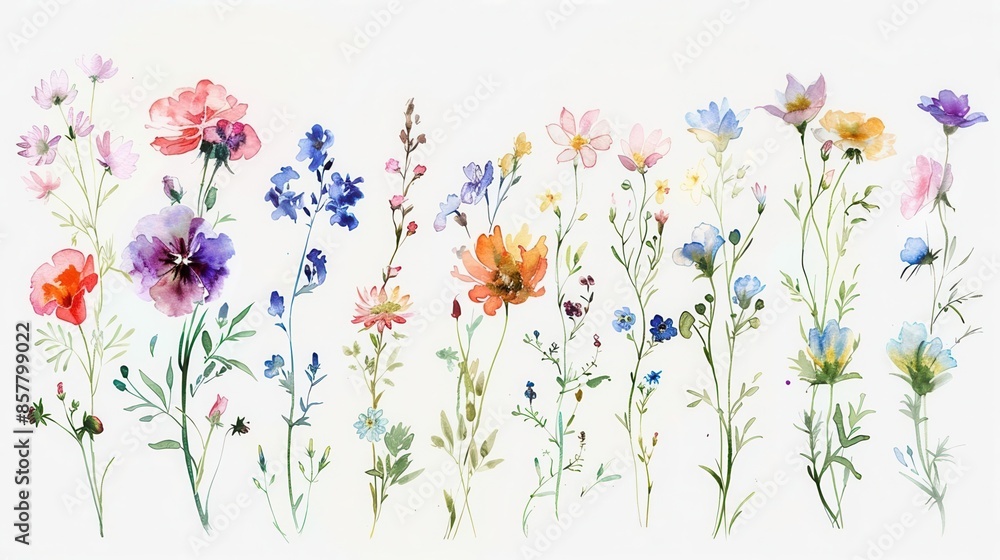 Charming set of watercolor flower paintings on a white background, highlighting an array of blooms with gentle, ethereal strokes Charming set of watercolor flower paintings on a white background, highlighting an array of blooms with gentle, ethereal strokes