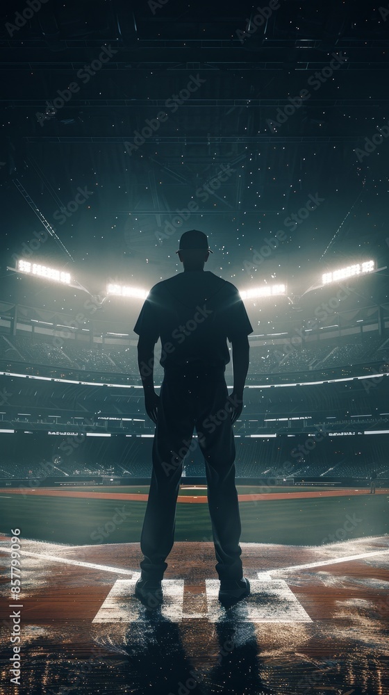 Fototapeta premium Baseball Player Standing in the Middle of a Baseball Stadium with Copy Space Area. AI-Generated High-Resolution Wide Banner Wallpaper.