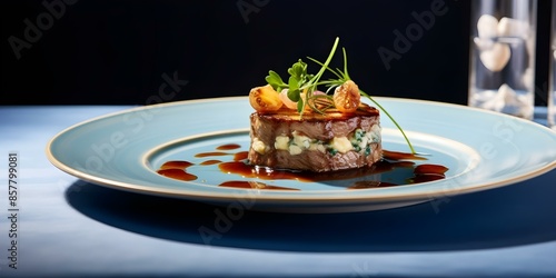 Fototapeta Naklejka Na Ścianę i Meble -  Traditional French veal dish served on a round blue plate. Concept French Cuisine, Veal Dish, Blue Plate, Traditional Recipe, Gourmet Meal