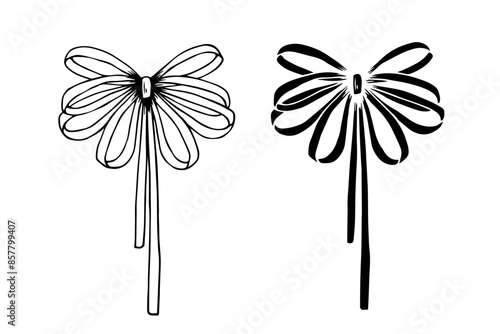 Linear sketch, silhouette of a festive bow. Vector graphics.