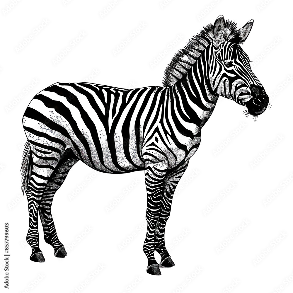 Obraz premium A detailed illustration of a zebra standing alone, highlighting its distinctive black and white stripes against a plain background.