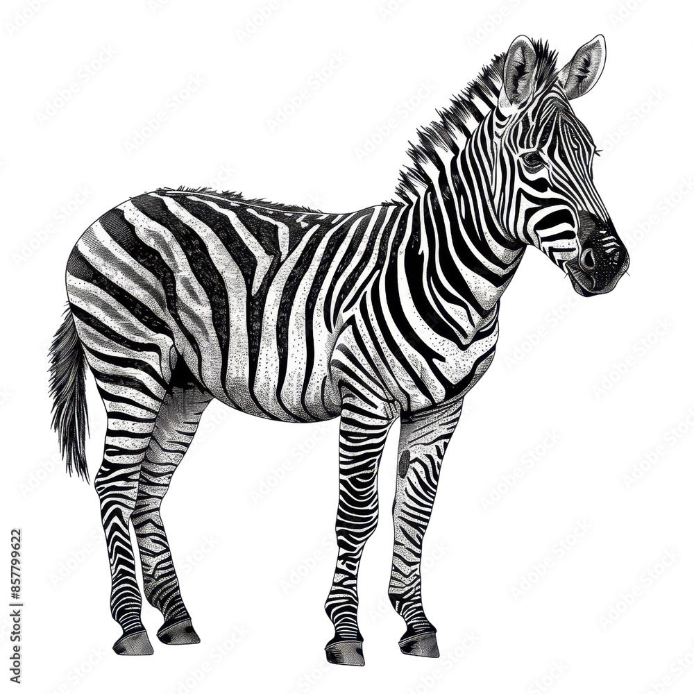 Fototapeta premium A detailed vector illustration of a zebra, showcasing its distinctive black and white stripes against a transparent background.
