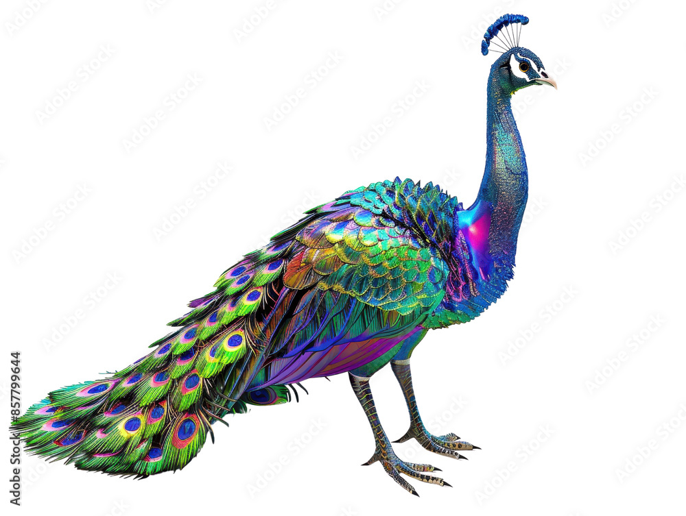 Obraz premium A vibrant, colorful peacock with iridescent feathers stands against a white background, showcasing its stunning plumage.