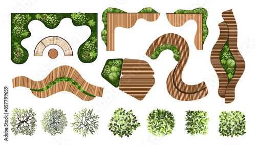 Top view elements for the landscape design plan. Trees and benches for architectural floor plans. Entourage design. Various trees, bushes, and shrubs. Vector illustration.