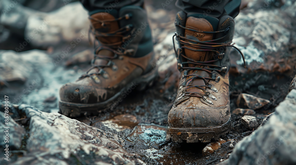 Close-Up of Hiking Boots on Rocky Trail Close-Up of Hiking Boots on Rocky Trail