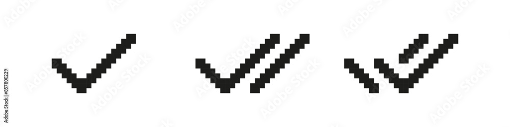 Pixel check mark. 8 bit double checkmark set. Retro vector twin tick isolated on white background. Delivered message read icon Pixel check mark. 8 bit double checkmark set. Retro vector twin tick isolated on white background. Delivered message read icon
