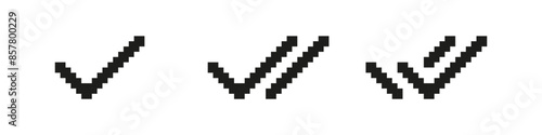 Pixel check mark. 8 bit double checkmark set. Retro vector twin tick isolated on white background. Delivered message read icon
