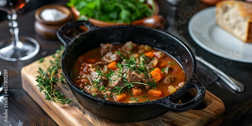 Cozy Irish pub ambiance with hearty lamb stew in cast iron pot. Concept Irish Pub Ambiance, Hearty Lamb Stew, Cast Iron Pot, Cozy Atmosphere, Traditional Cuisine