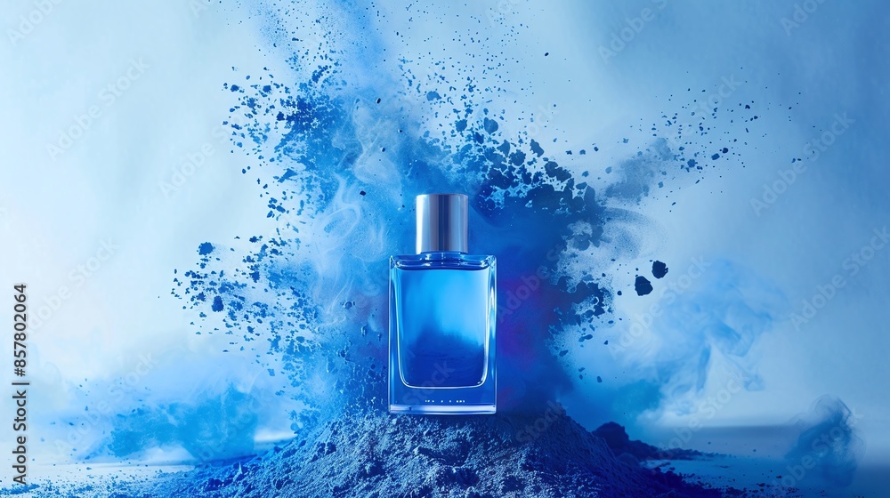 blue perfume flacon and coloroful blue pigment powder , cosmetic bottle presentation mockup blue perfume flacon and coloroful blue pigment powder , cosmetic bottle presentation mockup