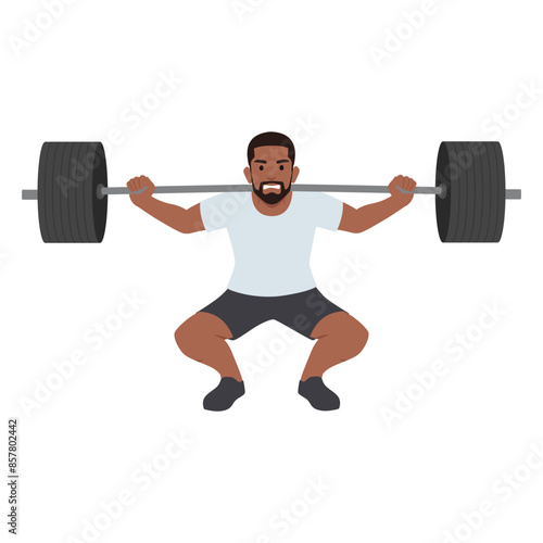 Man doing Barbell squat exercise with too much weights. Ego lifting. Flat vector illustration isolated on white background
