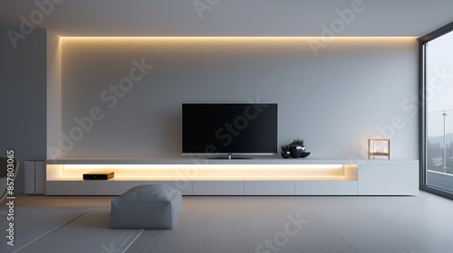 A minimalist living room with a sleek, white entertainment unit and ambient backlighting © Sana