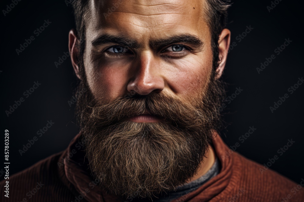 Close-up portrait of a clean, trimmed beard and mustache on a dark chocolate background
Close-up portrait of a clean, trimmed beard and mustache on a dark chocolate background