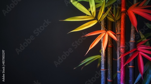 Vibrant Rainbow Leaves on Black Bamboo Trunk, Closeup shot, Fresh Elegant Style, High Definition, Artistic Plant Photography