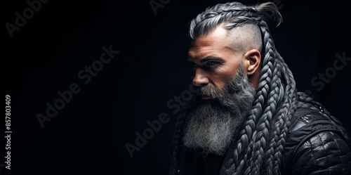 Wallpaper Mural Close-up portrait of a man with a beard styled into intricate braids on a dark grey background Torontodigital.ca