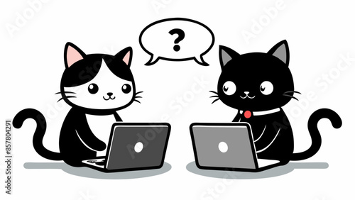 two kitties sitting at their laptops on a buzzer call and chatting.