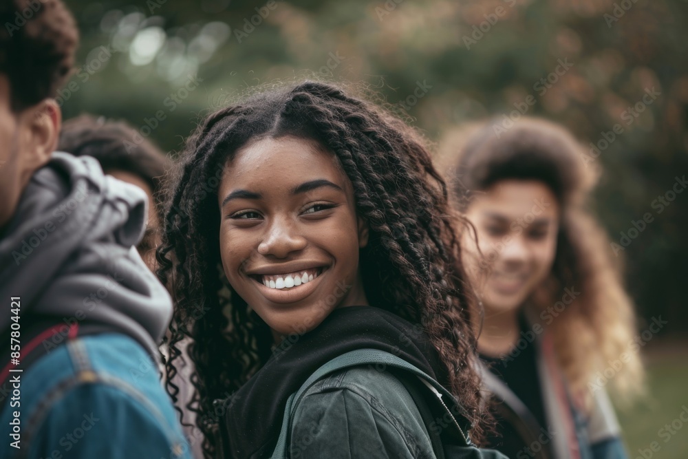 Portrait of a smiling young african american woman with friends in the background Portrait of a smiling young african american woman with friends in the background