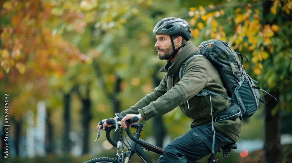 Fototapeta premium A man rides his bicycle to work, wearing a helmet and a backpack. He passes by a row of trees, illustrating a sustainable commute and reducing carbon footprint.