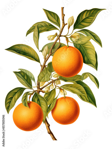 Orange with branches and leaves isolated on transparent background, old botanical illustration