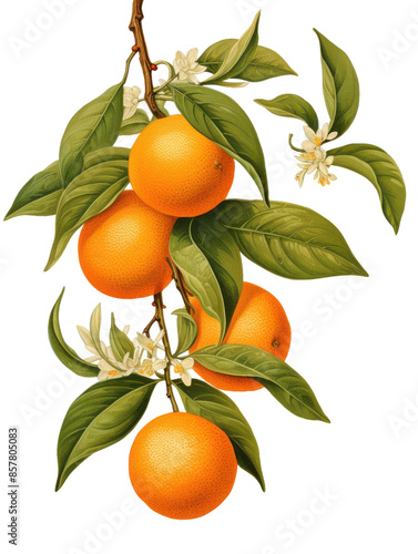 Orange with branches and leaves isolated on transparent background, old botanical illustration