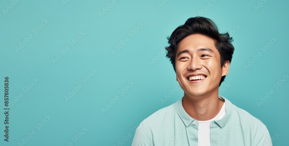 Portrait photo of a cheerful Caucasian man winking on a pastel blue background Portrait photo of a cheerful Caucasian man winking on a pastel blue background
