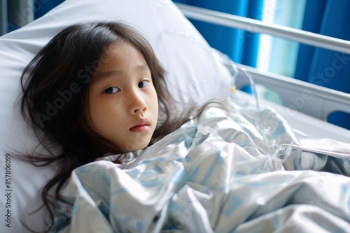 Little Asian girl, 7 years old, being treated for severe kidney disease in a hospital bed