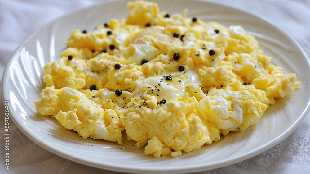 Scrambled Eggs with Peppercorns on a White Plate Scrambled Eggs with Peppercorns on a White Plate