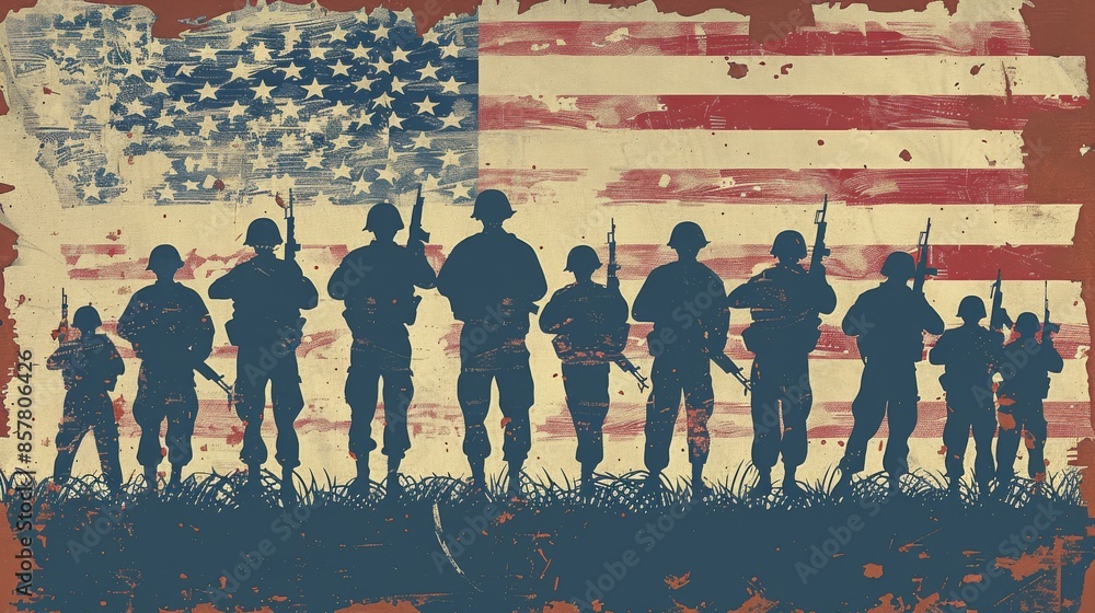 Obraz premium Patriotic Memorial Day design with silhouette of soldiers in formation.