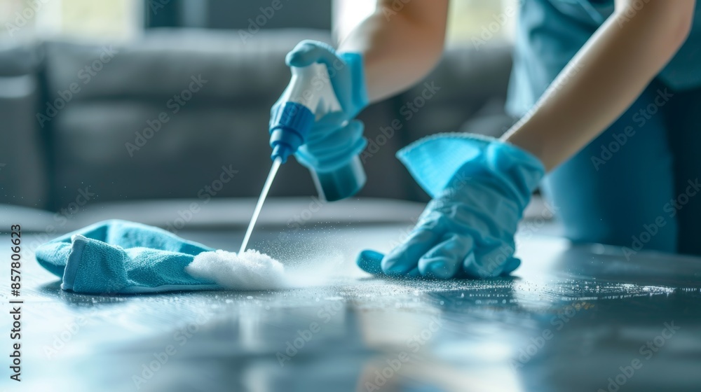 Obraz premium Close up view of female housekeeper using spray and cloth to clean table professionally