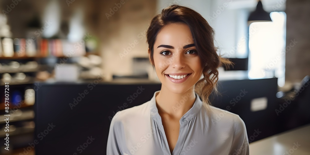 A smiling woman at a salon reception desk processing credit card payment. Concept Beauty industry, Customer service, Credit card payment, Salon reception, Smiling woman A smiling woman at a salon reception desk processing credit card payment. Concept Beauty industry, Customer service, Credit card payment, Salon reception, Smiling woman