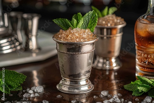 A classic mint julep cocktail in a silver cup, with bourbon, simple syrup, and fresh mint leaves, filled with crushed ice. 