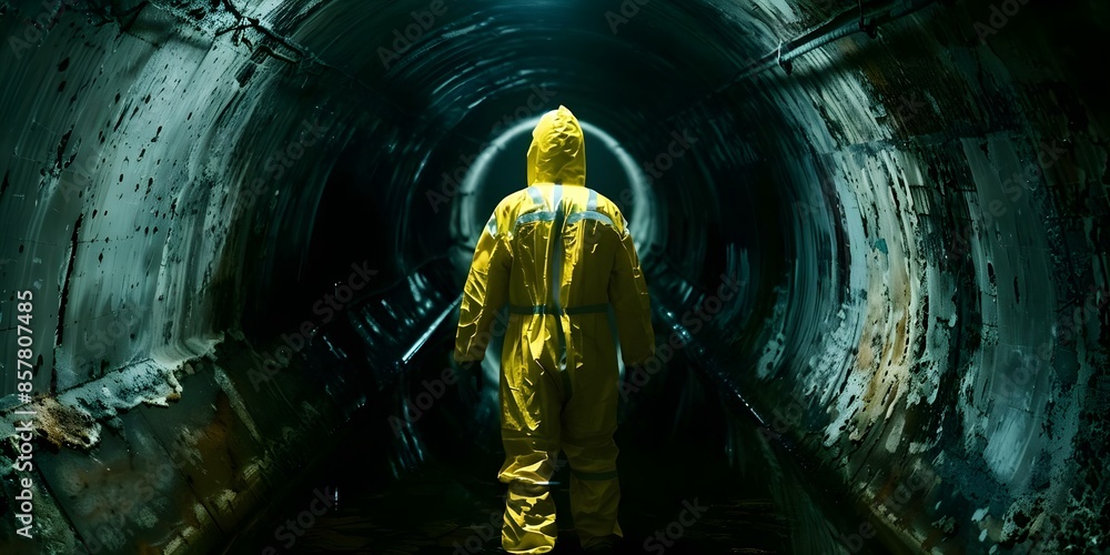 Digitally created image of a man in a hazmat suit in a dark sewer. Concept Dark Art, Hazmat Suit, Sewer Setting, Digital Manipulation, Eerie Mood Digitally created image of a man in a hazmat suit in a dark sewer. Concept Dark Art, Hazmat Suit, Sewer Setting, Digital Manipulation, Eerie Mood