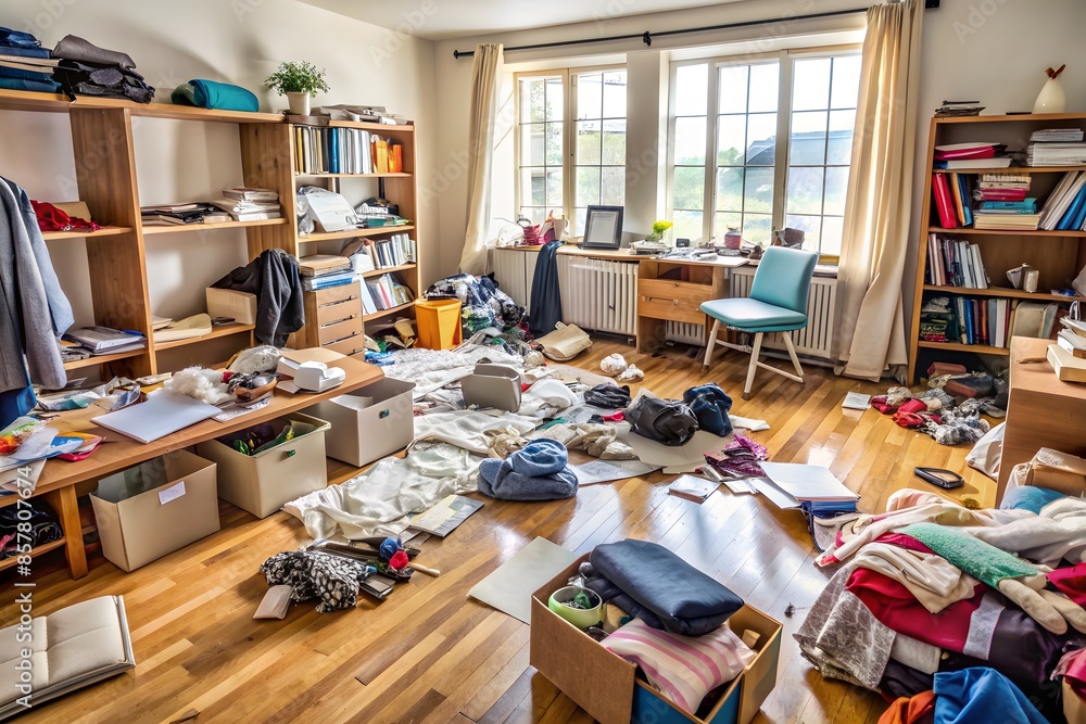 A Messy Home Office With Clothes, Books, And Other Items Strewn All Over The Floor A Messy Home Office With Clothes, Books, And Other Items Strewn All Over The Floor