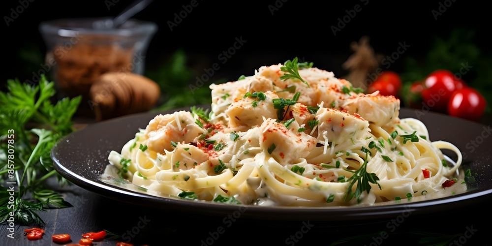 Image of shrimp crab Alfredo pasta with generous portions and succulent flavors. Concept Seafood Pasta, Alfredo Sauce, Gourmet Dish, Succulent Flavors, Generous Portions Image of shrimp crab Alfredo pasta with generous portions and succulent flavors. Concept Seafood Pasta, Alfredo Sauce, Gourmet Dish, Succulent Flavors, Generous Portions