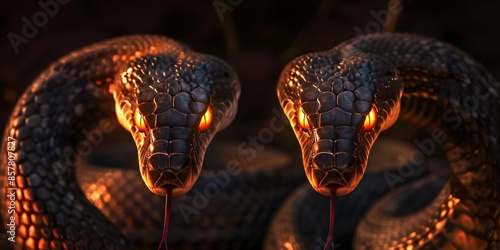 Closeup of two cobras in a tense deadly dance with glowing eyes. Concept Wildlife Photography, Animal Behavior, Snake Encounter, Venomous Reptiles, Dramatic Closeup photo