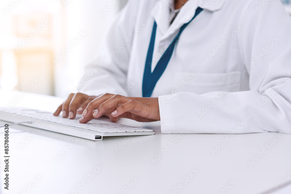 Hands, keyboard and science with person typing at desk in laboratory for innovation or research. Healthcare, medicine and technology with scientist in office for breakthrough, discovery or report Hands, keyboard and science with person typing at desk in laboratory for innovation or research. Healthcare, medicine and technology with scientist in office for breakthrough, discovery or report