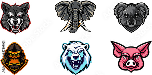 Collection of six animal mascots including a wolf elephant koala gorilla polar bear and pig, this picture can use for sticker or logo photo