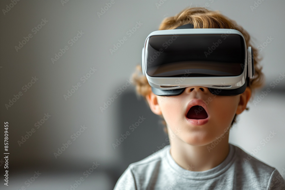VR application test child girl with virtual reality glasses headset touching air during the VR experience and learning with virtual reality simulator application test VR application test child girl with virtual reality glasses headset touching air during the VR experience and learning with virtual reality simulator application test