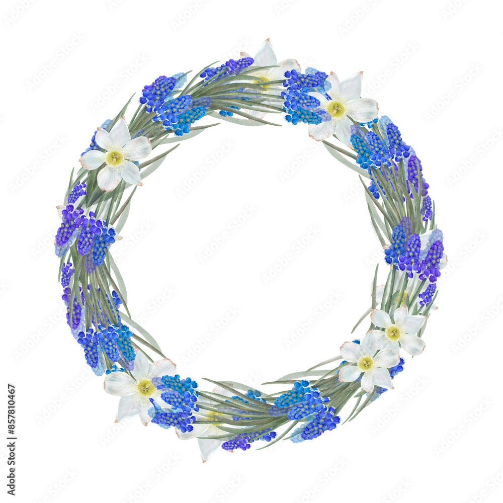 Fototapeta premium Spring Floral Wreath Frame with blue and white flowers, great for spring events or decoration