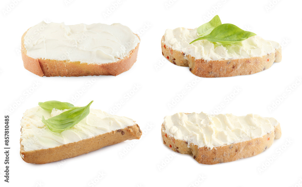 Delicious sandwiches with cream cheese isolated on white, set