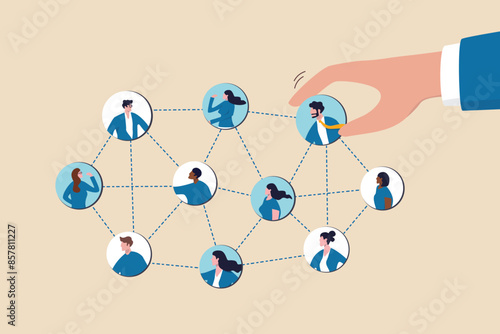 Employee or staff management, HR human resource, company people management, work connection, community or teamwork, recruitment concept, businessman HR put people on team or group connecting line.