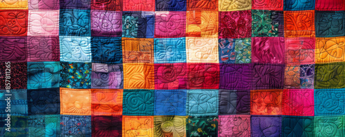 A colorful patchwork quilt, its squares of fabric sewn together with love and care.