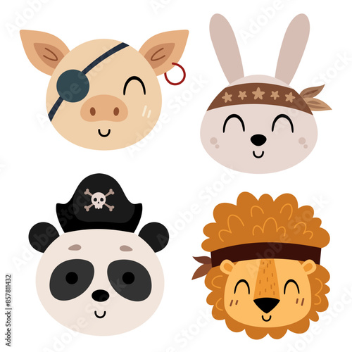 Pirate clipart. Pirate animal faces clipart. Pirate animal head clip art in cartoon flat style. Hand drawn vector illustration.