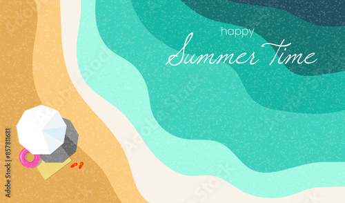 Happy summer time abstract banner, flyer, poster, web, background, with sea, beach and umbrella, template cover, wallpaper, social and media, vector illustration